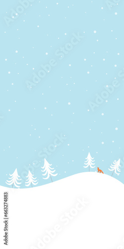 Snow landscape with pine tree and fox childish style vertical vector illustration. Winter Wonderland with snowfall have blank space. © Wasitt