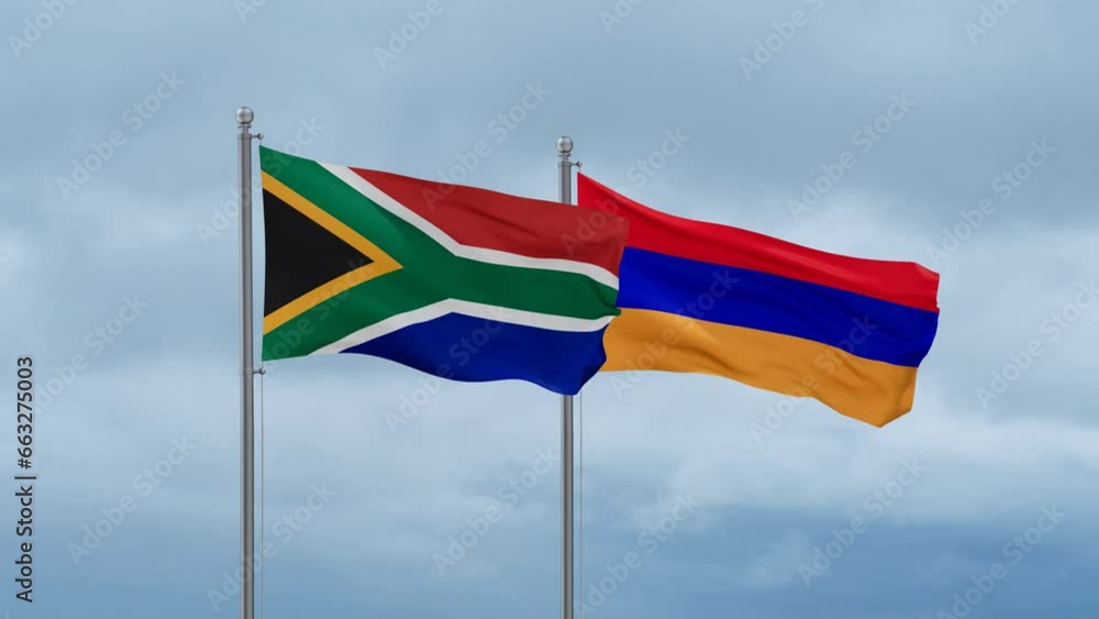 Armenia and South Africa flag waving together on cloudy sky, endless seamless loop, two country cooperation concept Armenia and South Africa flag waving together on cloudy sky, endless seamless loop, two country cooperation concept