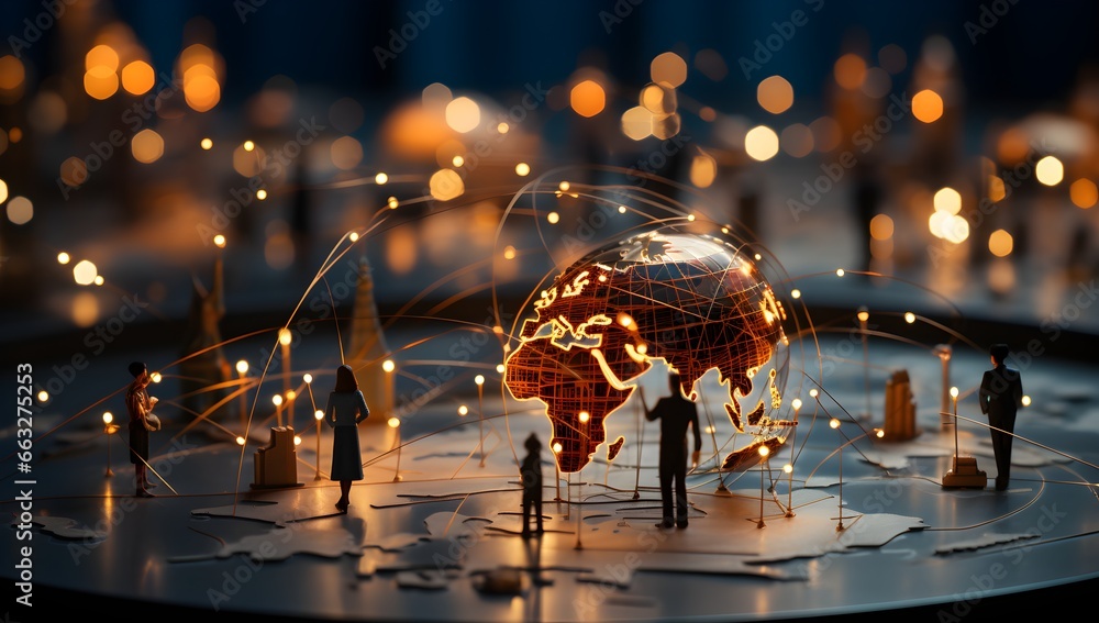 A miniature planet showcasing continents with tiny figures of people standing around it, symbolizing international business collaboration, the exchange of money, and the integration of technology. - obrazy, fototapety, plakaty 