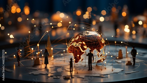 A miniature planet showcasing continents with tiny figures of people standing around it, symbolizing international business collaboration, the exchange of money, and the integration of technology. photo