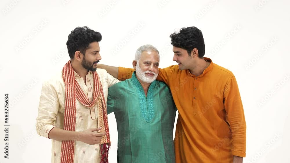 Indian senior Father talking with two adult son by sharing thoughts together at home.they have a hand on each other's shoulder.wearing traditional dress on white background. Indian senior Father talking with two adult son by sharing thoughts together at home.they have a hand on each other's shoulder.wearing traditional dress on white background.