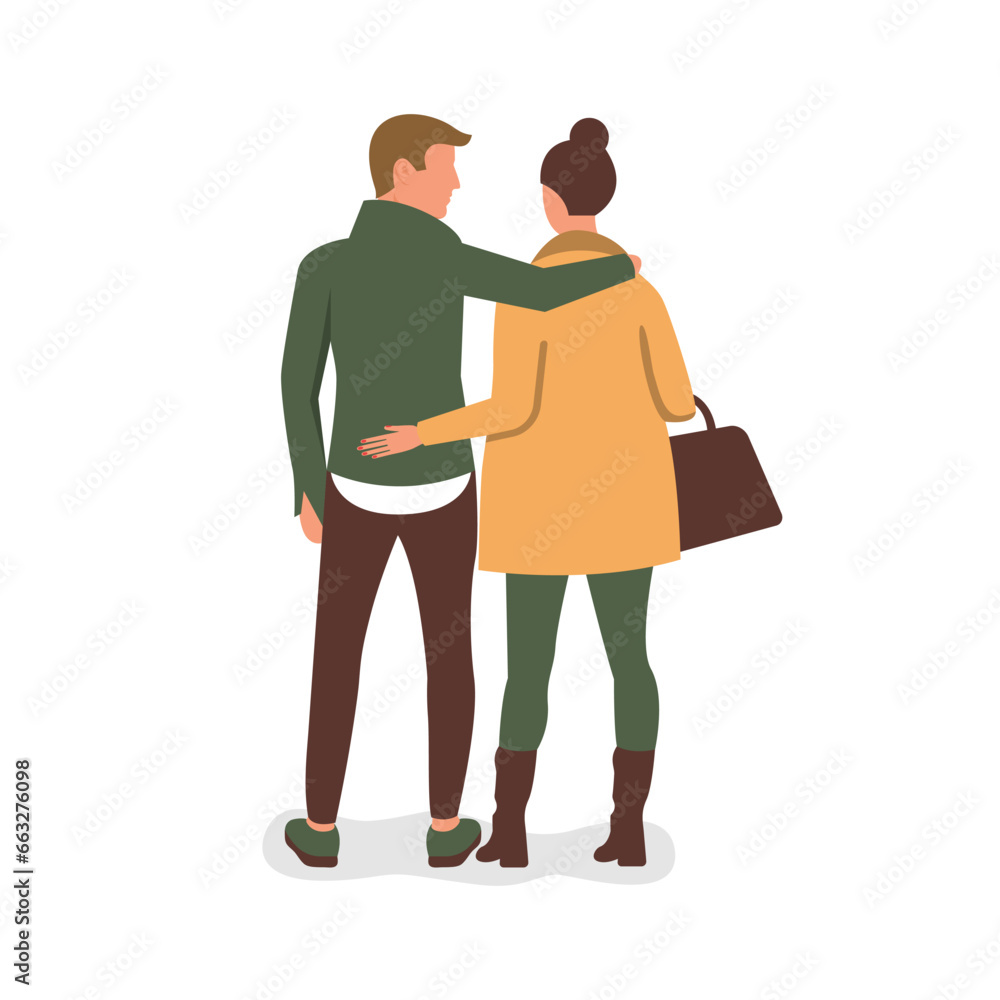Man and woman in an embrace. Young modern people hugging. Love couple on a date, walking. Vector illustration flat design. Isolated on white background. Man and woman in an embrace. Young modern people hugging. Love couple on a date, walking. Vector illustration flat design. Isolated on white background.