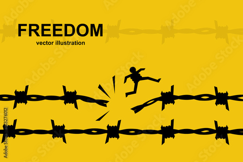 Freedom concept. Barbed wire, a man escaped from prison. The black silhouette is freed from imprisonment. Vector illustration flat design. Isolated on white background.