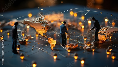 A miniature planet showcasing continents with tiny figures of people standing around it, symbolizing international business collaboration, the exchange of money, and the integration of technology.