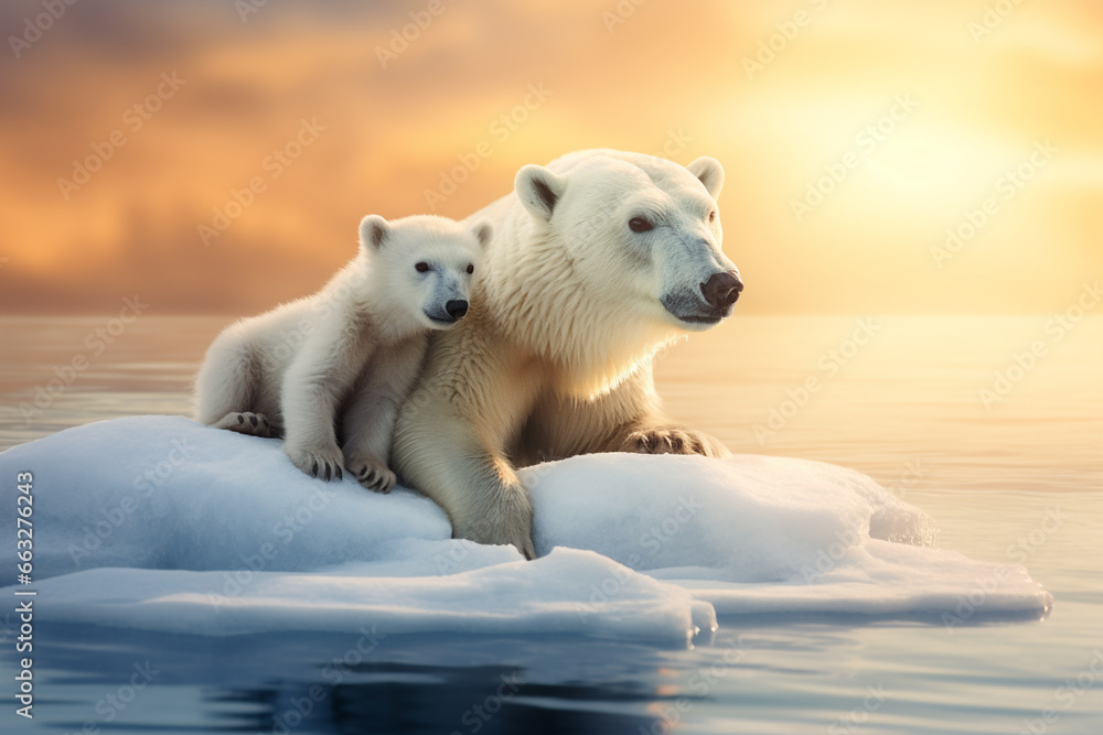 family polar bear mom and cub on ice, mother and child love family polar bear mom and cub on ice, mother and child love