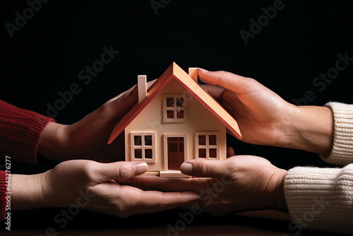 family hands hold toy house