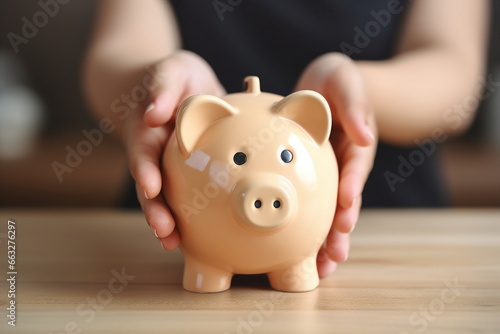 child hand hold piggy bank