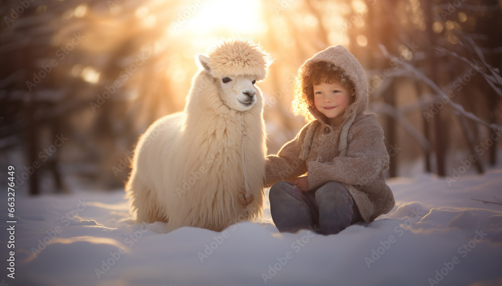 happy smiling boy playing with alpaca in snow, winter fairytale
