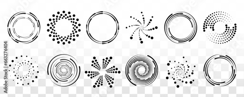 Dot circle pattern. Orange round halftone dot patterns. Spiral halftones frame. Set of swirl abstract ripple elements. Circular graphic textures isolated on black background. Vector.
