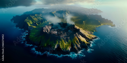 enchanting aerial view of a remote island with a volcanic crater, showcasing the rugged beauty of the natural landscape. Generative AI