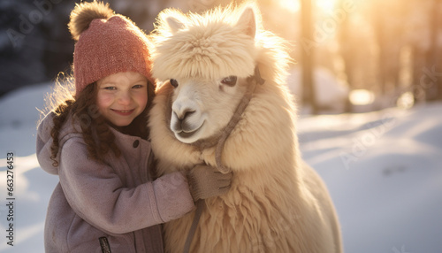 happy smiling girl playing with alpaca in winter © RJ.RJ. Wave