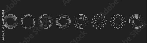 Dot circle pattern. Orange round halftone dot patterns. Spiral halftones frame. Set of swirl abstract ripple elements. Circular graphic textures isolated on black background. Vector.
