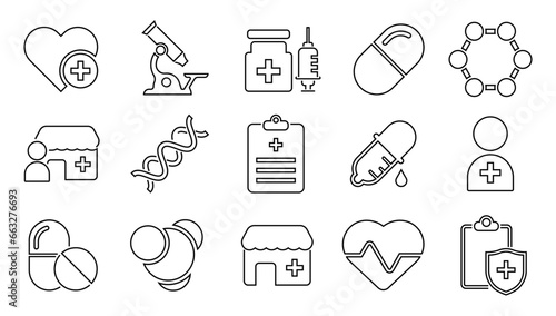 Medicine and Health Care linear icons collection.
