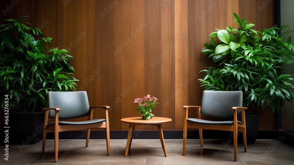 Modern, stylish waiting room in green office. Comfortable wooden chairs arranged for job interview, appointment or business meeting. Workplace with lush greenery for calming and inviting atmosphere.