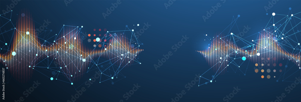 Sound wave with plexus effect. Dynamic vibration wallpaper. Frequency pulse modulation vector illustration. - obrazy, fototapety, plakaty 