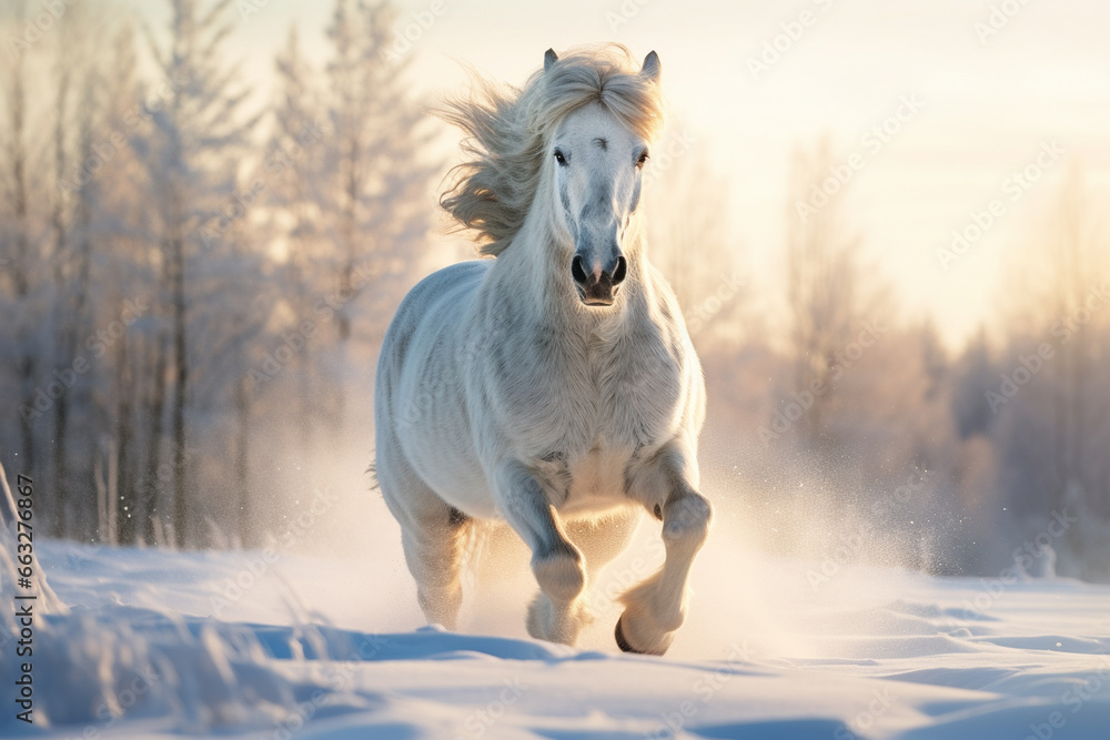 white horse running in snow