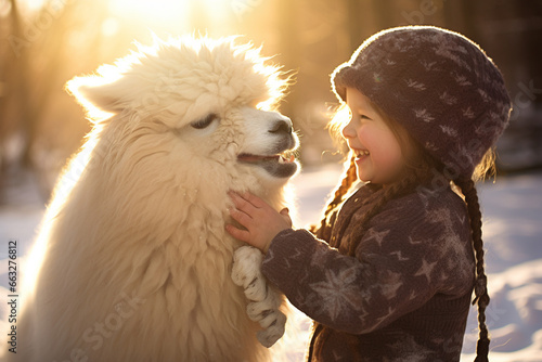 happy smiling girl playing with alpaca in winter photo