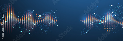 Sound wave with plexus effect. Dynamic vibration wallpaper. Frequency pulse modulation vector illustration.