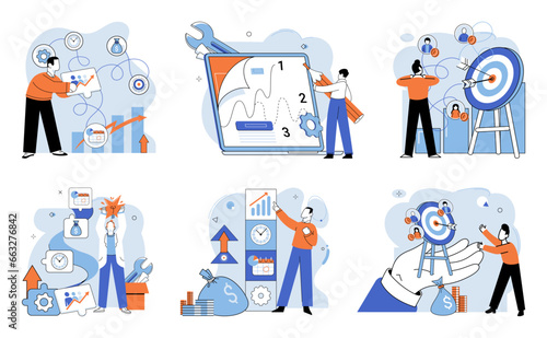 Business development. Vector illustration. Skillful management is vital for team cohesion and productivity Finding right profession requires self-discovery and exploration Job seekers navigate