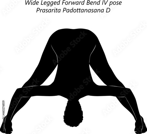 Silhouette of woman doing yoga Prasarita Padottanasana D. Wide Legged Forward Bend 4 pose. Intermediate Difficulty. Isolated vector illustration.