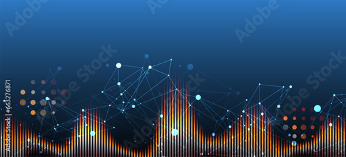 Sound wave with plexus effect. Dynamic vibration wallpaper. Frequency pulse modulation vector illustration.