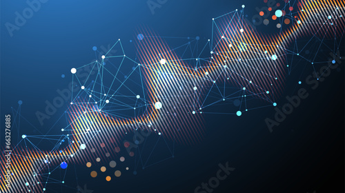 Sound wave with plexus effect. Dynamic vibration wallpaper. Frequency pulse modulation vector illustration.