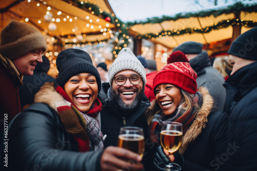 happy smiling friends celebrating with champagne on Christmas market