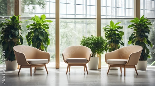 Bright, modern and stylish waiting room in green office. Wooden chairs arranged for job interview, appointment or business meeting. Workplace with lush greenery for calming and inviting atmosphere.