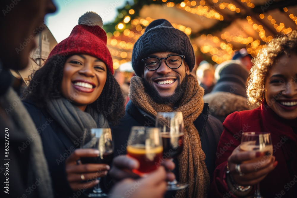 happy smiling friends celebrating with champagne on Christmas market happy smiling friends celebrating with champagne on Christmas market