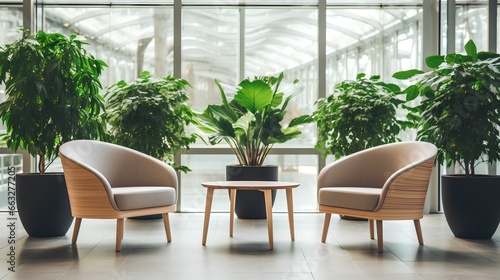 Bright, modern and stylish waiting room in green office. Wooden chairs arranged for job interview, appointment or business meeting. Workplace with lush greenery for calming and inviting atmosphere.