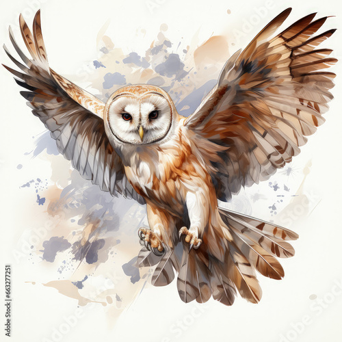 Watercolor Barn Owl Illustration, Generative Ai