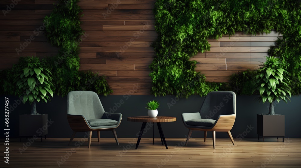 Modern, stylish waiting room in green office. Comfortable wooden chairs arranged for job interview, appointment or business meeting. Workplace with lush greenery for calming and inviting atmosphere.