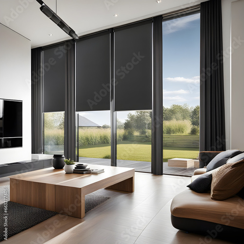Modern interior with large roller blinds automatic solar and blackout shades wood decor panels on walls and electric sunscreen curtains for home.