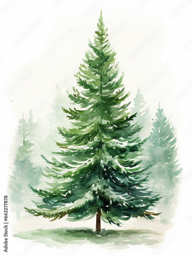 green forest Christmas tree, watercolor drawing