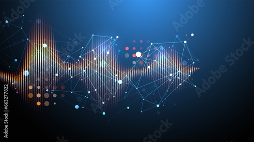 Sound wave with plexus effect. Dynamic vibration wallpaper. Frequency pulse modulation vector illustration.