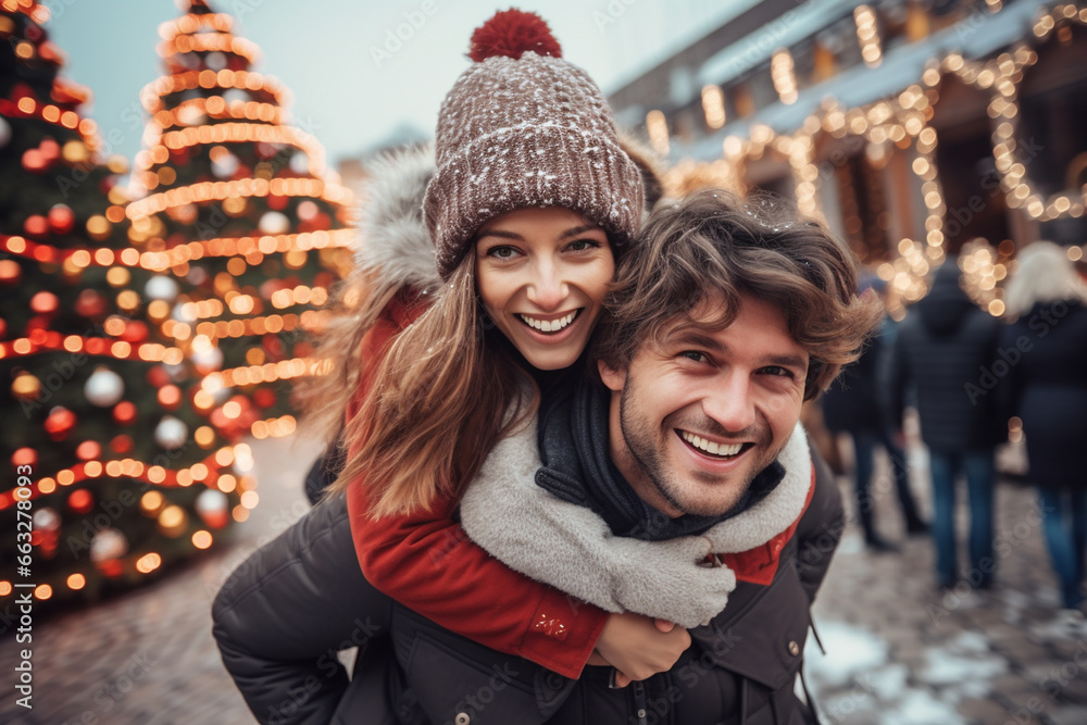 happy smiling portrait of a couple wearing warm clothes in Christmas market