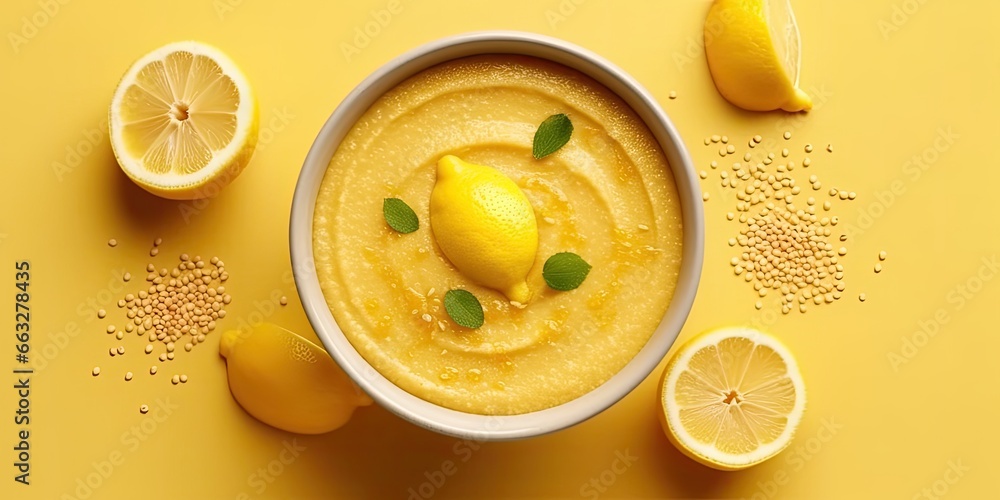 Hummus in a yellow bowl with lemon - obrazy, fototapety, plakaty 