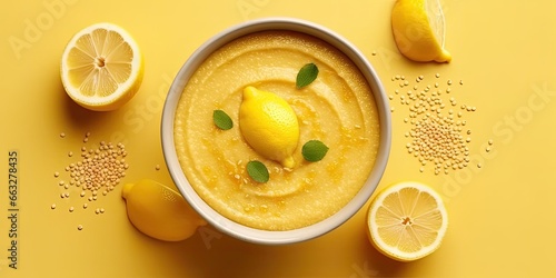 Hummus in a yellow bowl with lemon photo