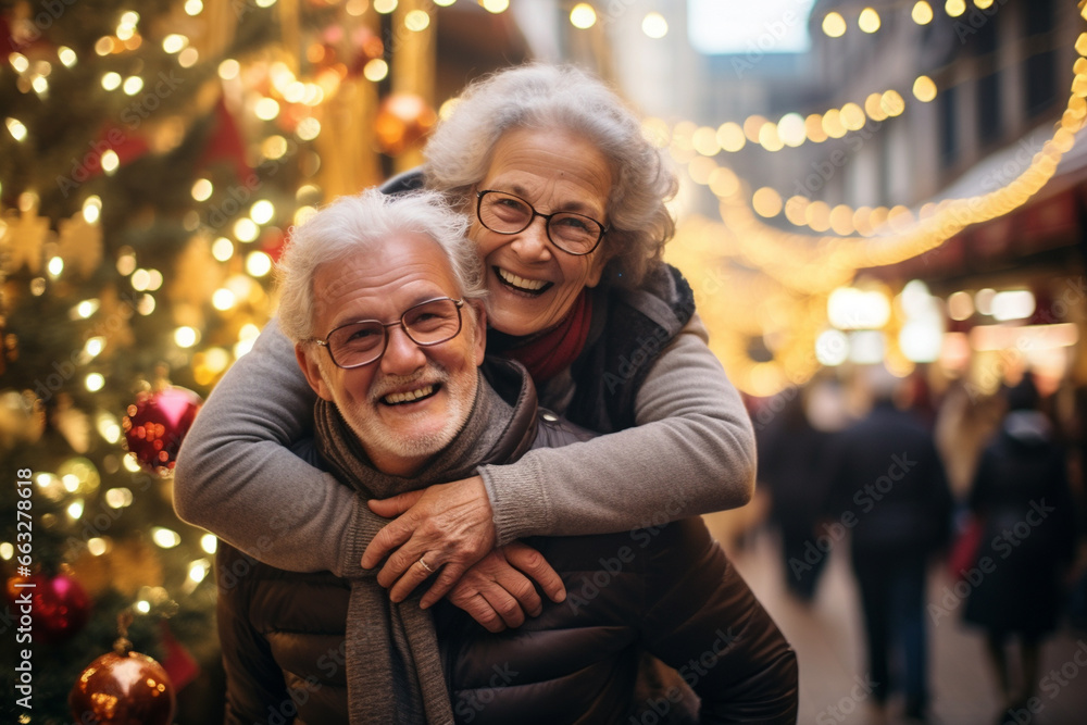 happy smiling portrait of an old couple wearing warm clothes and having fun at Christmas market happy smiling portrait of an old couple wearing warm clothes and having fun at Christmas market