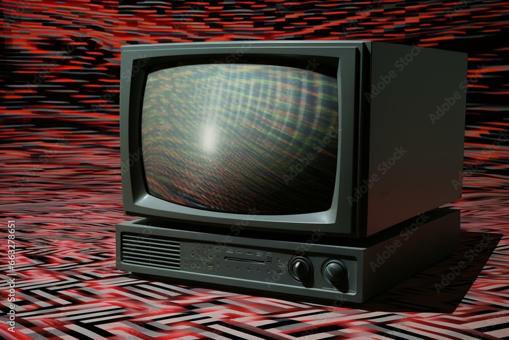 Distorted and noisy image old VHS player connected to a TV, displaying