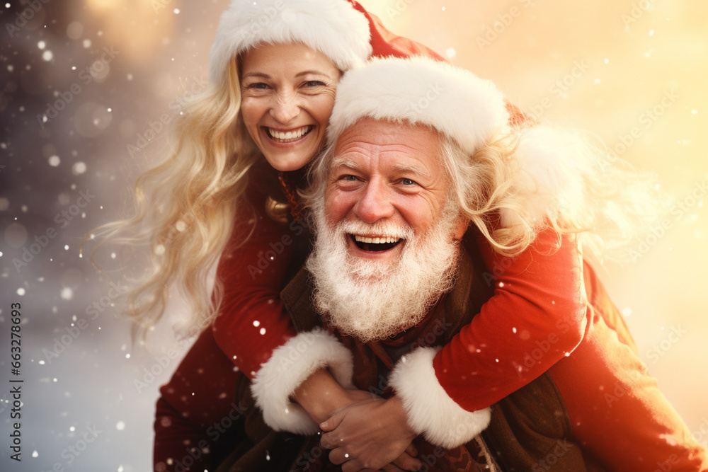 happy smiling portrait of an old couple wearing warm clothes and having fun in winter forest happy smiling portrait of an old couple wearing warm clothes and having fun in winter forest