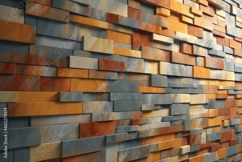 Polished mosaic wall with stacked stone bricks. 3D render. Generative AI