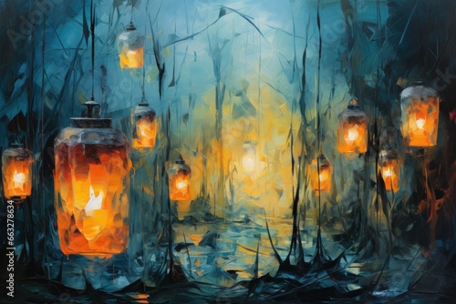 Vászonkép Illuminated spirit lanterns, guiding lost souls to their final resting place - G