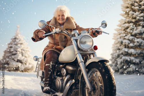 happy smiling old woman on motorcycle in winter forest