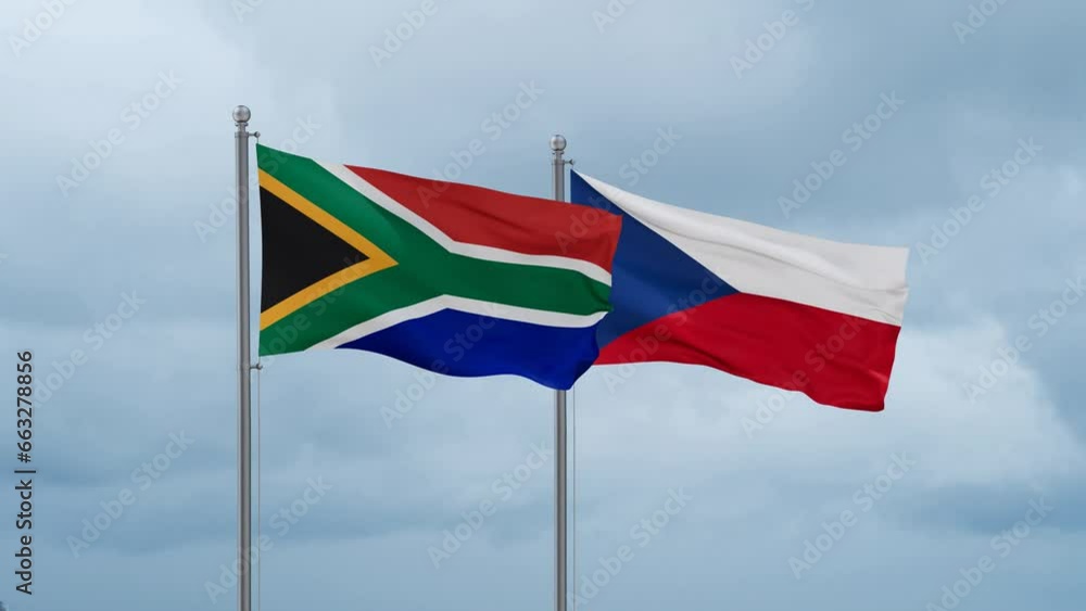Czech Republic flag and South Africa flag waving together on cloudy sky, endless seamless loop, two country relations concept Czech Republic flag and South Africa flag waving together on cloudy sky, endless seamless loop, two country relations concept