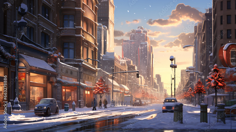 Winter snow city street view