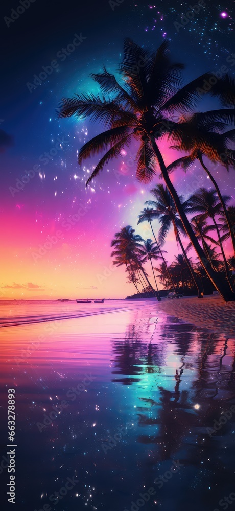 Blurred Palm Tree Glittered On Sand With Tropical Beach Bokeh At Night Black Background, Pink Sunset