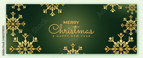 Christmas and New Year wishing or greeting card banner or poster design on green background with snowflakes light, stars. Merry Christmas card. Vector Illustration