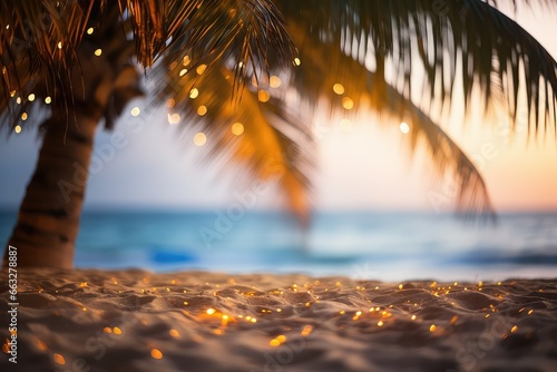 Blurred Palm Tree On Sand With Tropical Beach Bokeh At Night. Сoncept Night Sky With Stars, Magical Moonlight, Tropical Paradise, Peaceful Ocean Waves, Silhouette Of Palm Trees