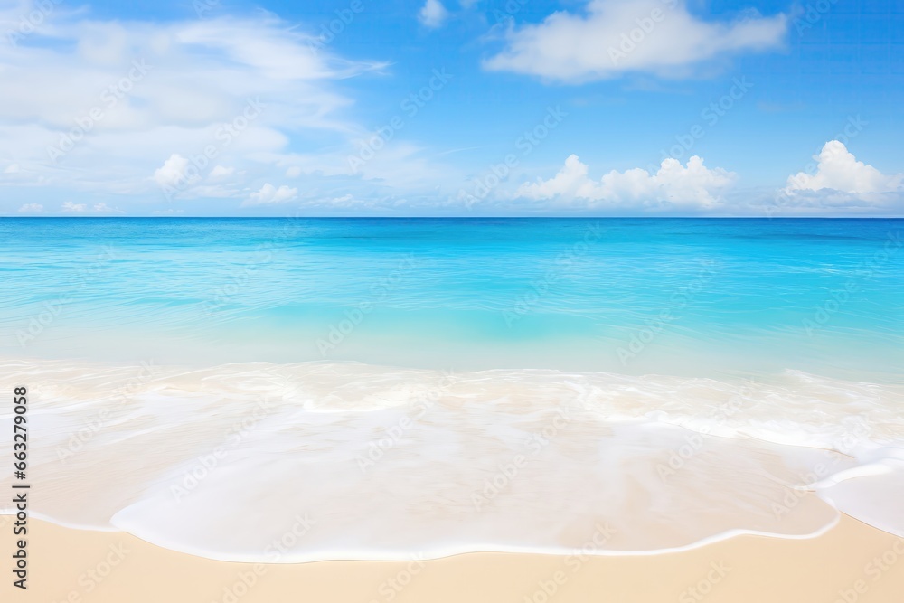 Capturing The Beauty Of Serene Beach With White Sand, Turquoise Ocean Waters, And Blue Sky With Clouds On Sunny Day, Offering Panoramic View And Natural Background Capturing The Beauty Of Serene Beach With White Sand, Turquoise Ocean Waters, And Blue Sky With Clouds On Sunny Day, Offering Panoramic View And Natural Background